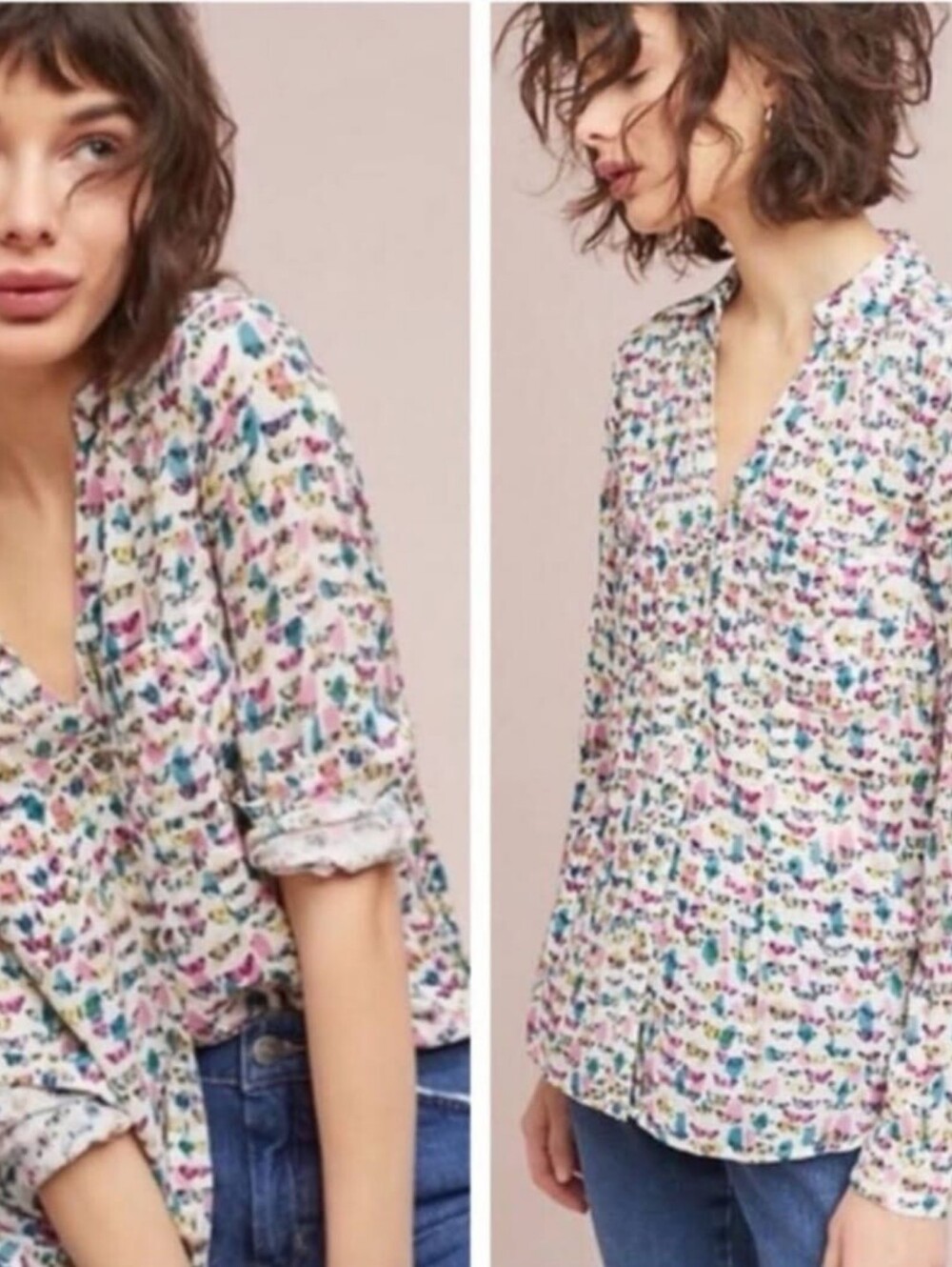 Anthropologie Maeve long-sleeve button-down Butterfly Print blouse US4